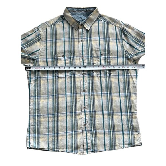 Kuhl Shirt Mens Large Short Sleeve Button Up Blue Plaid Linen Cotton Outdoors - Picture 2 of 12